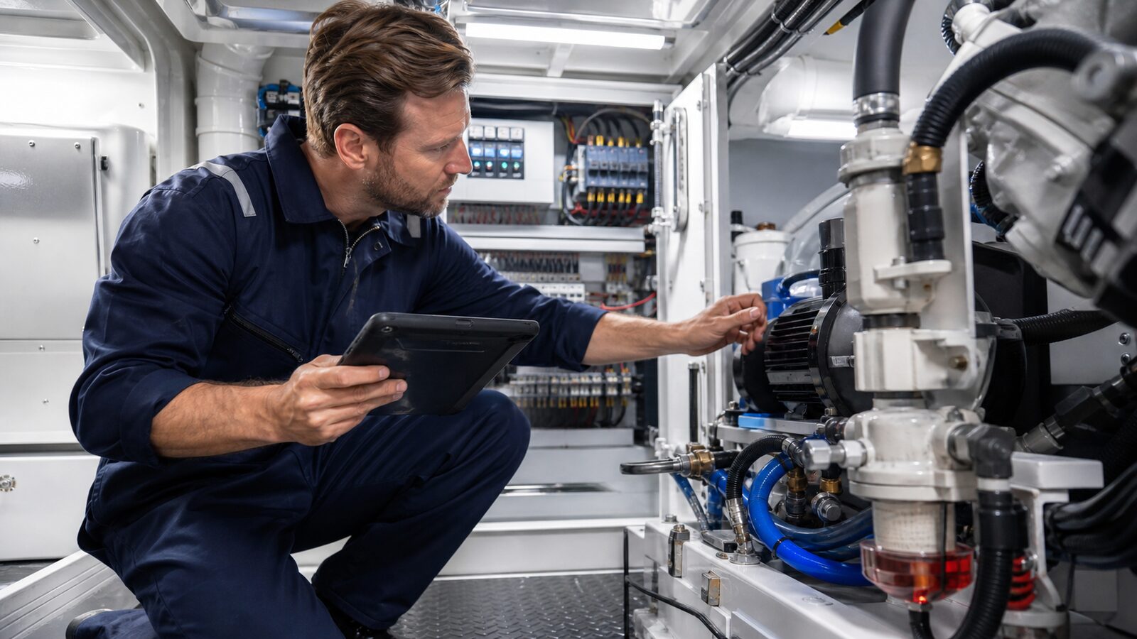 Marine technician inspecting yacht equipment
