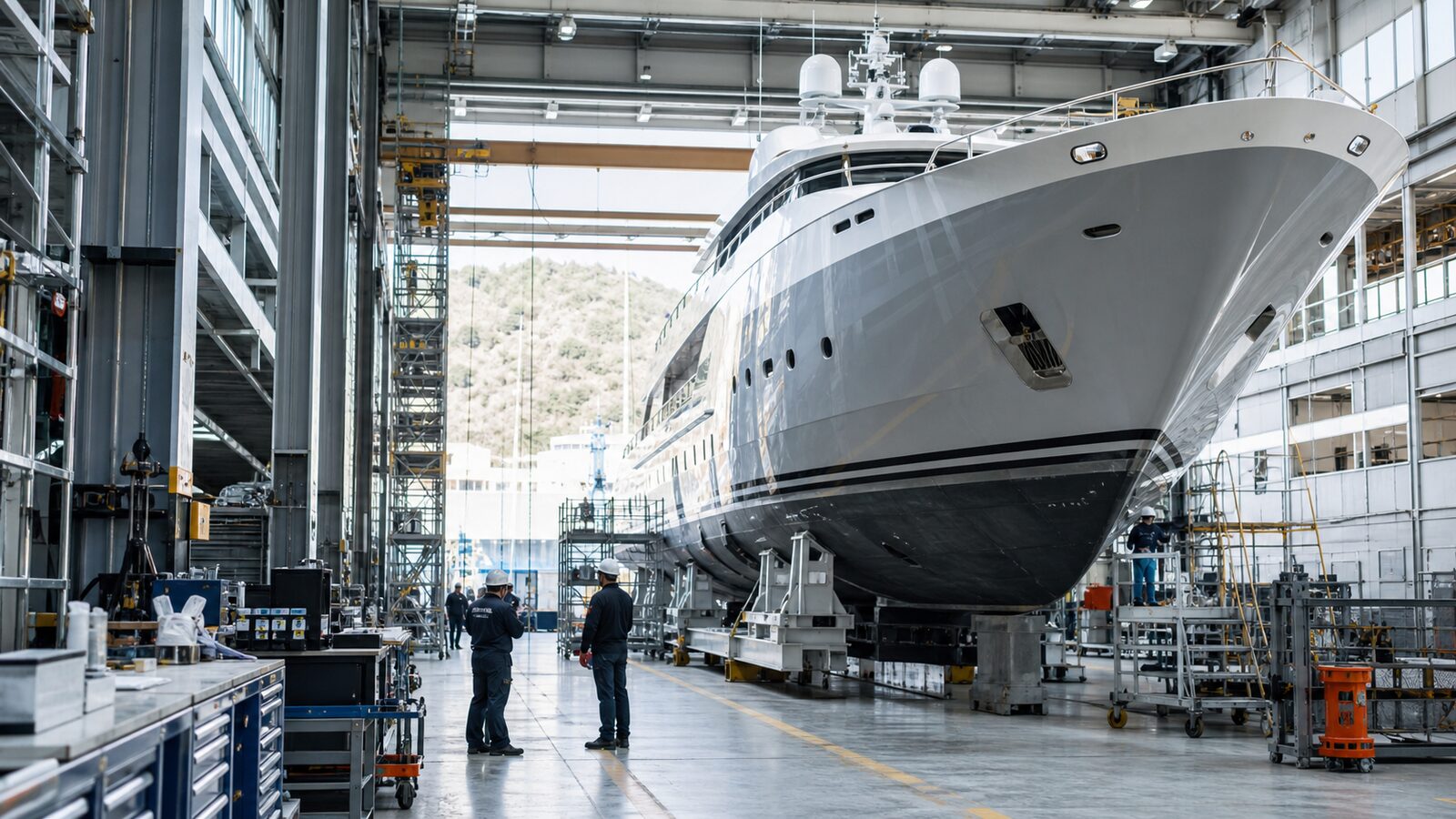 Superyacht inside a clean professional shipyard